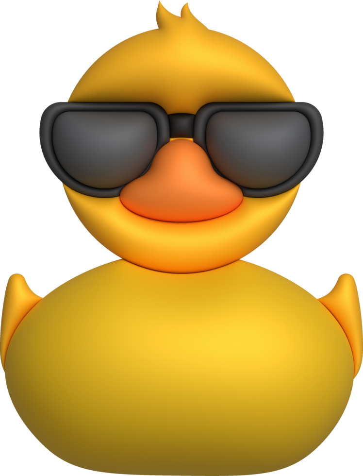 3d icon.Rubber duck wearing black glasses or ducky bath toy flat. Cute rubber floating for children. png