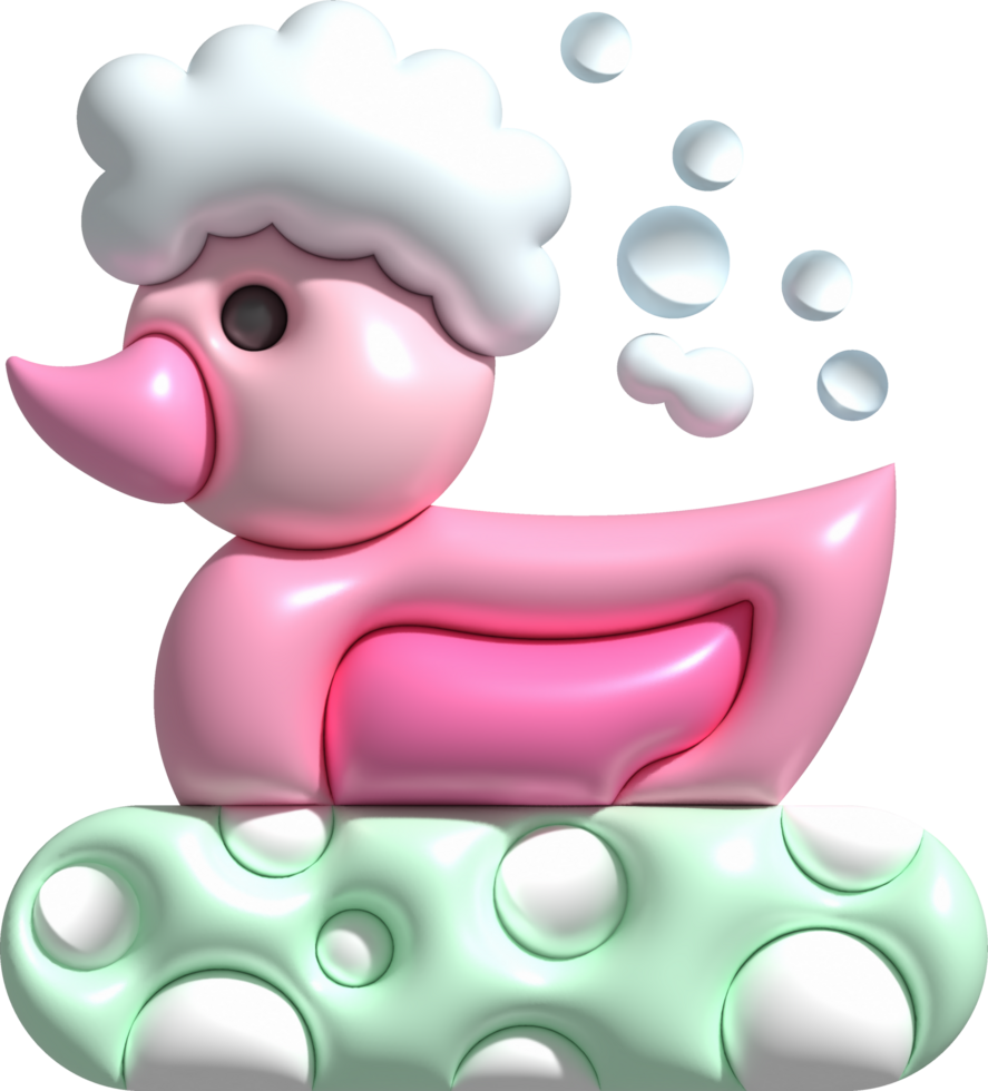3d icon. Rubber duck playing in bubble bath or bath toy with rubber ring. Cute rubber floating for children. png