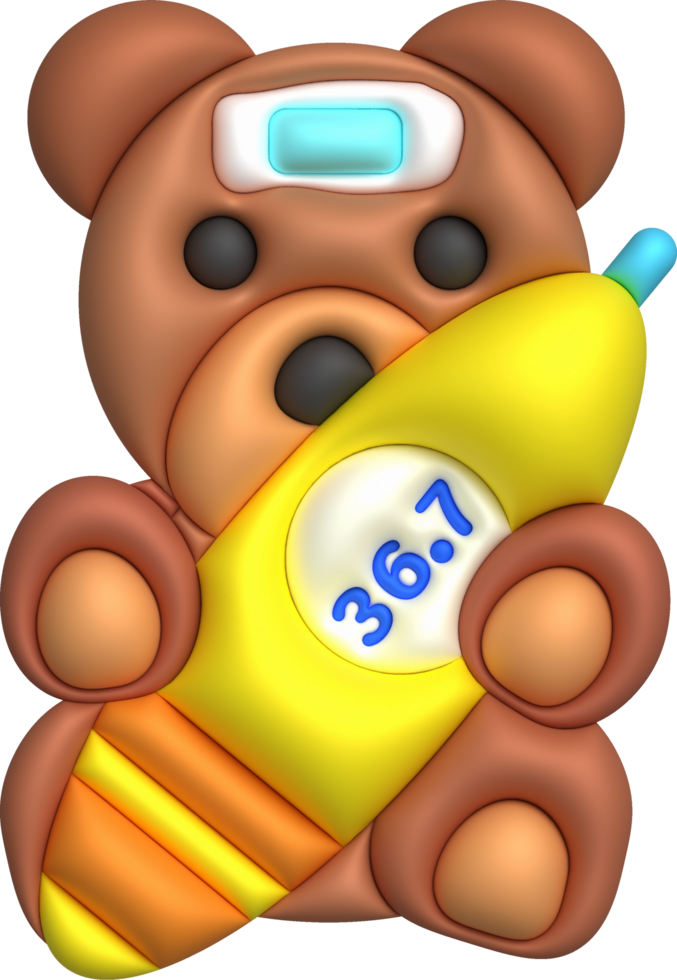 3D icon.Fever temperature measuring device and a teddy bear and a fever reducer on the forehead png