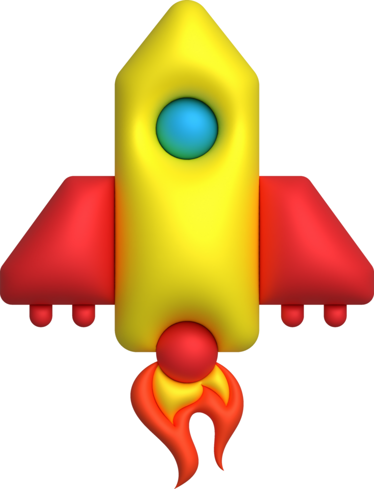 3d cartoon style minimal spaceship rocket icon. Toy rocket upswing. Startup, space, business concept. png