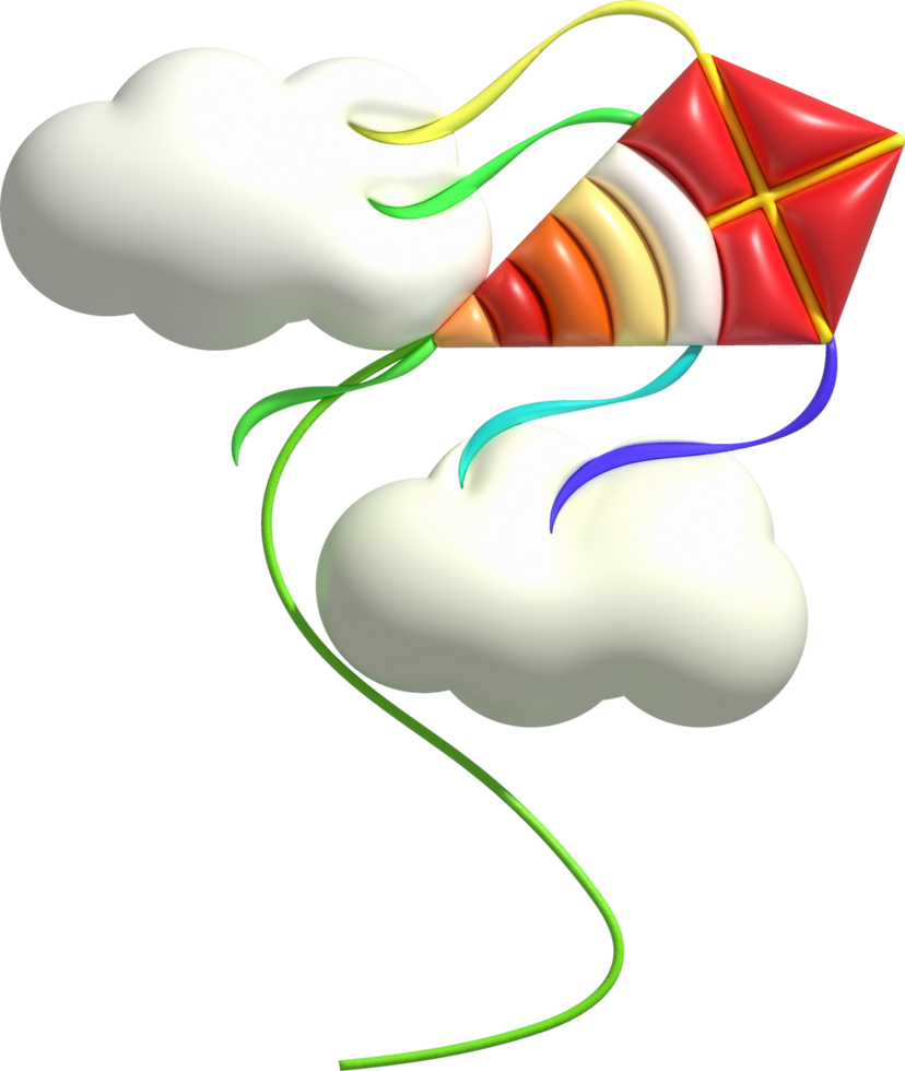 3d icon. Flying kite and clouds in colorful sky. Summer icon. png