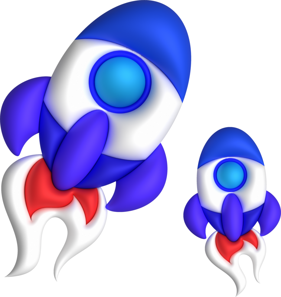 3d cartoon style minimal spaceship rocket icon. Toy rocket upswing. Startup, space, business concept. png