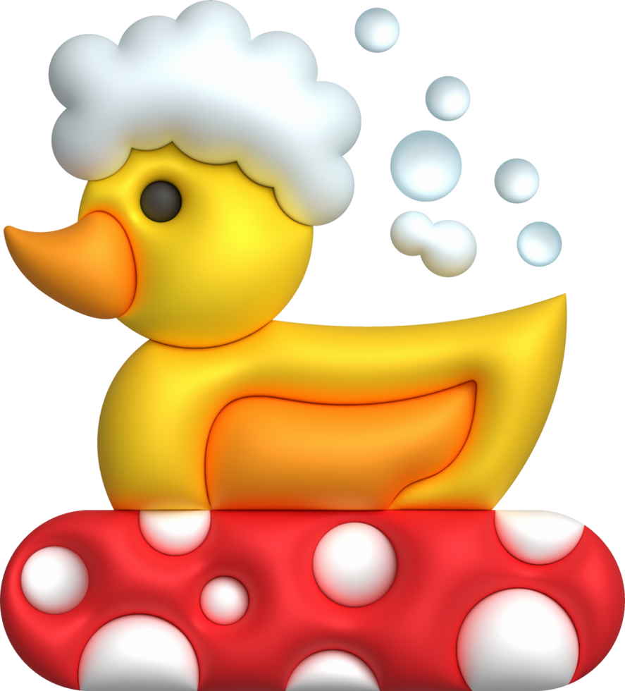 3d icon. Rubber duck playing in bubble bath or bath toy with rubber ring. Cute rubber floating for children. png