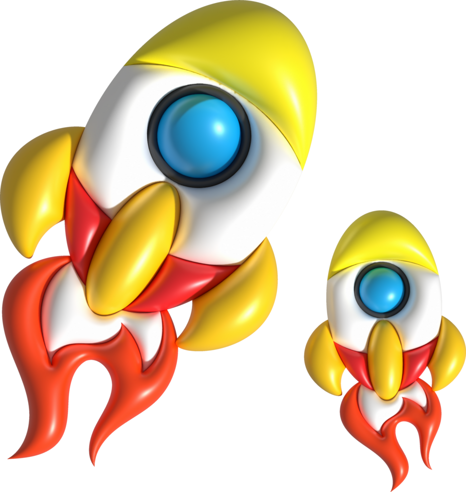 3d cartoon style minimal spaceship rocket icon. Toy rocket upswing. Startup, space, business concept. png
