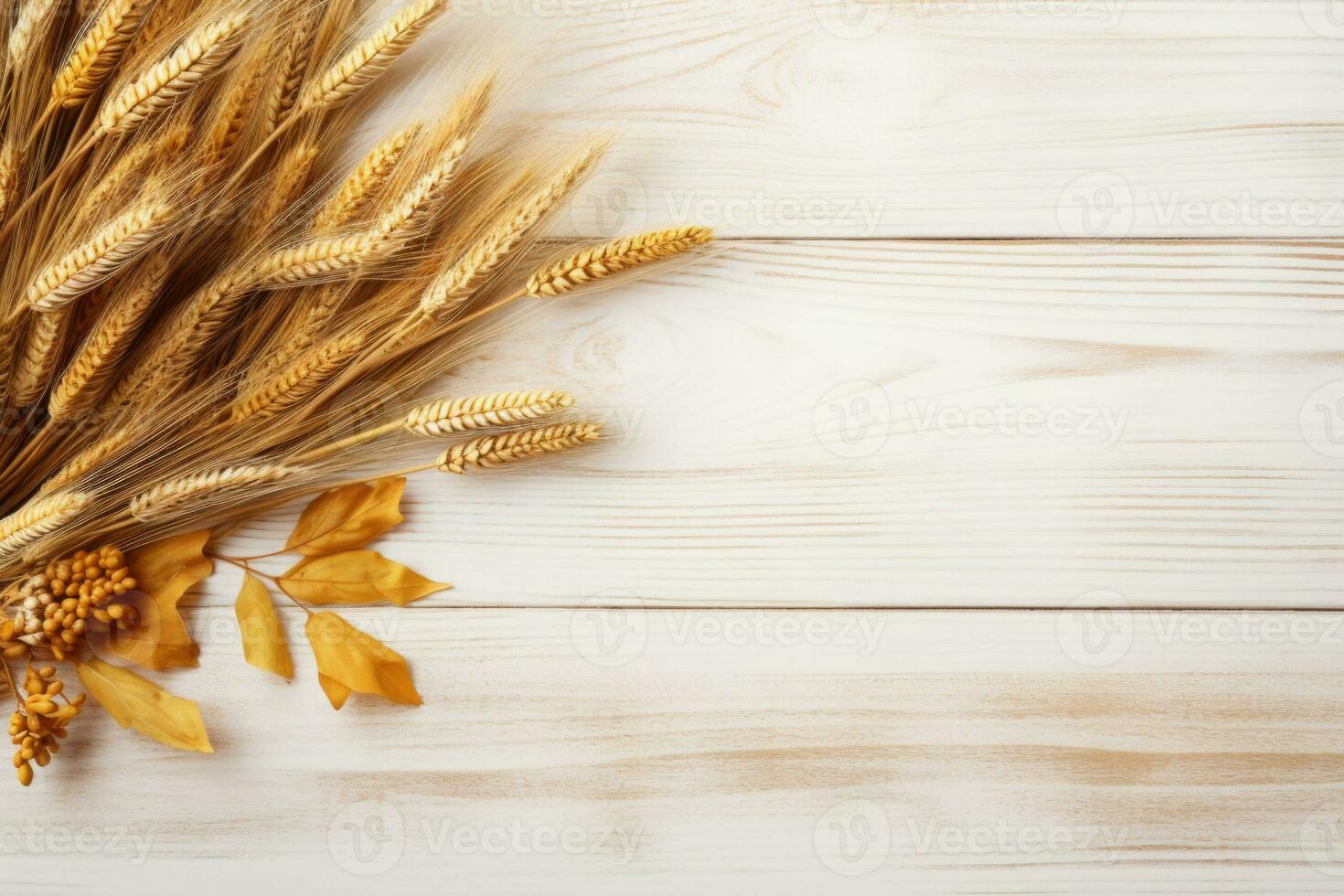 Autumn golden leaves on a whitewashed wood table. Autumn fall seasonal trendy composition. Halloween or Thanksgiving celebration concept. AI generated photo