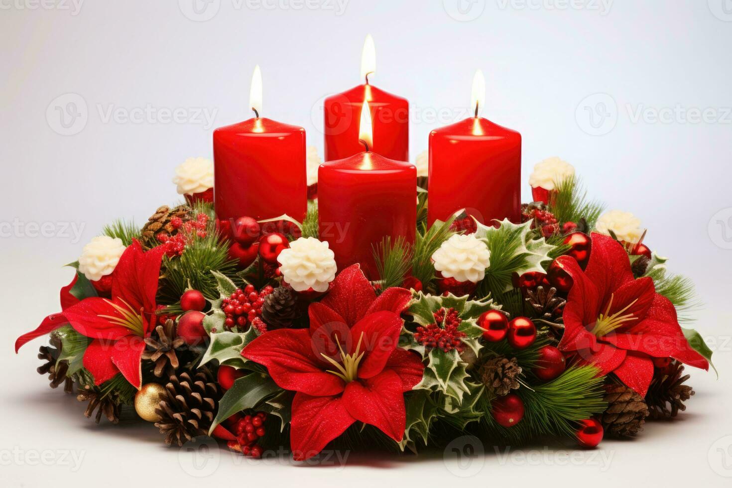 Advent candles and fir branches with Christmas decoration on a white background. AI generated photo