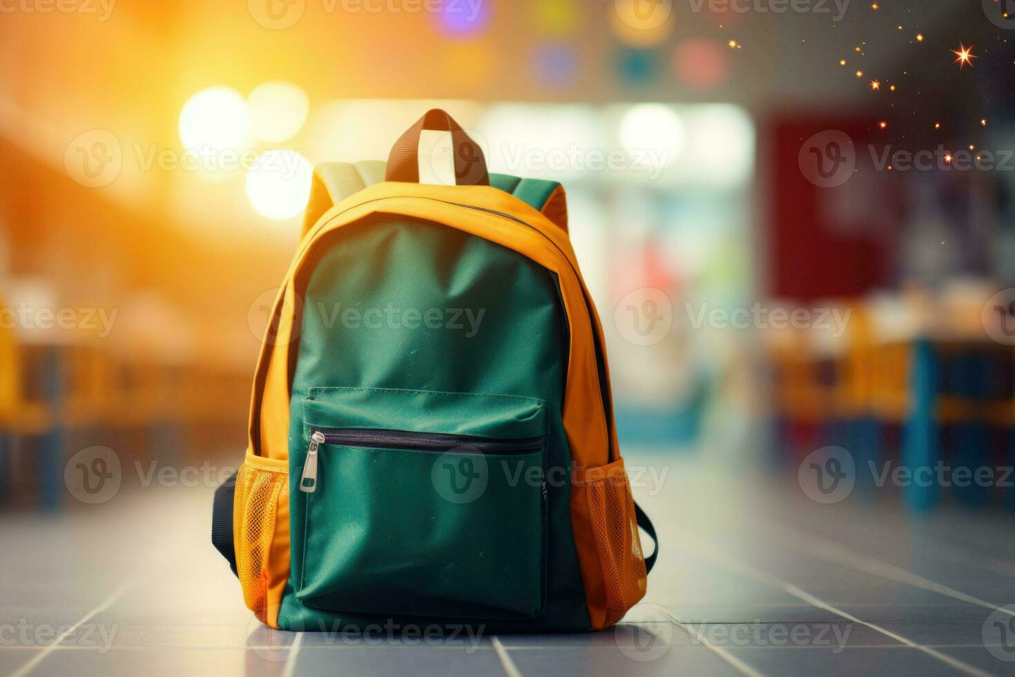 School backpack on blurred background. Back to school, education, study concept. Generative AI photo