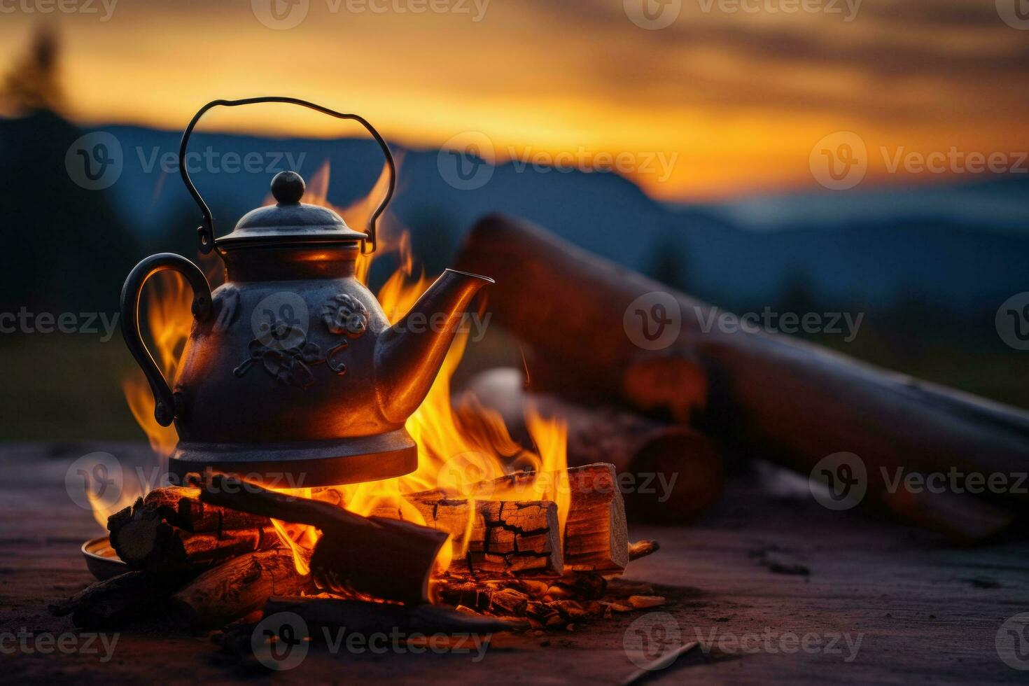 Tea Kettle on Open Fire. Tea in the Camping Stock Image - Image of