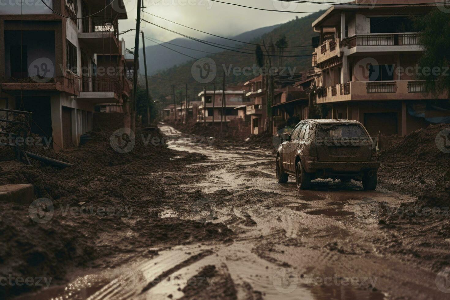 A car driving through a street covered in dirt. Muddy streams of water in the street. Generative AI photo