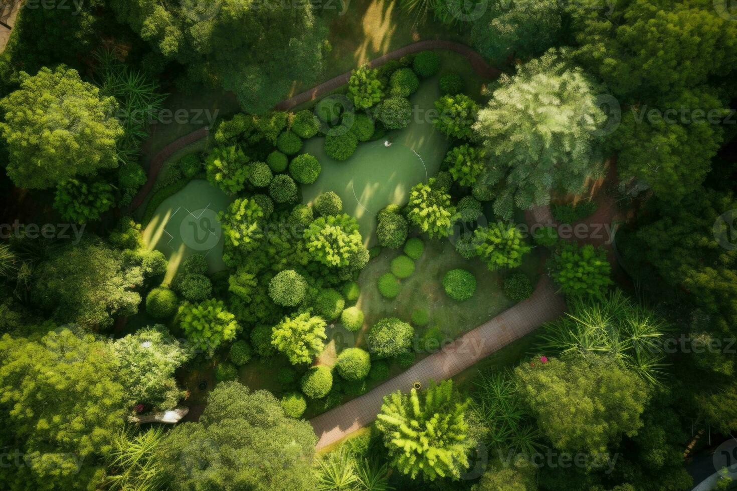 Aerial view of greenery golf court. Generative AI photo