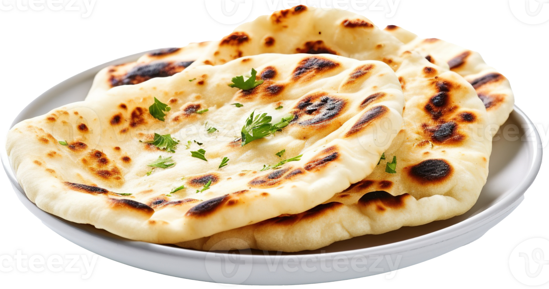 Indian naan bread with garlic and butter, Pita bread on a white background. png