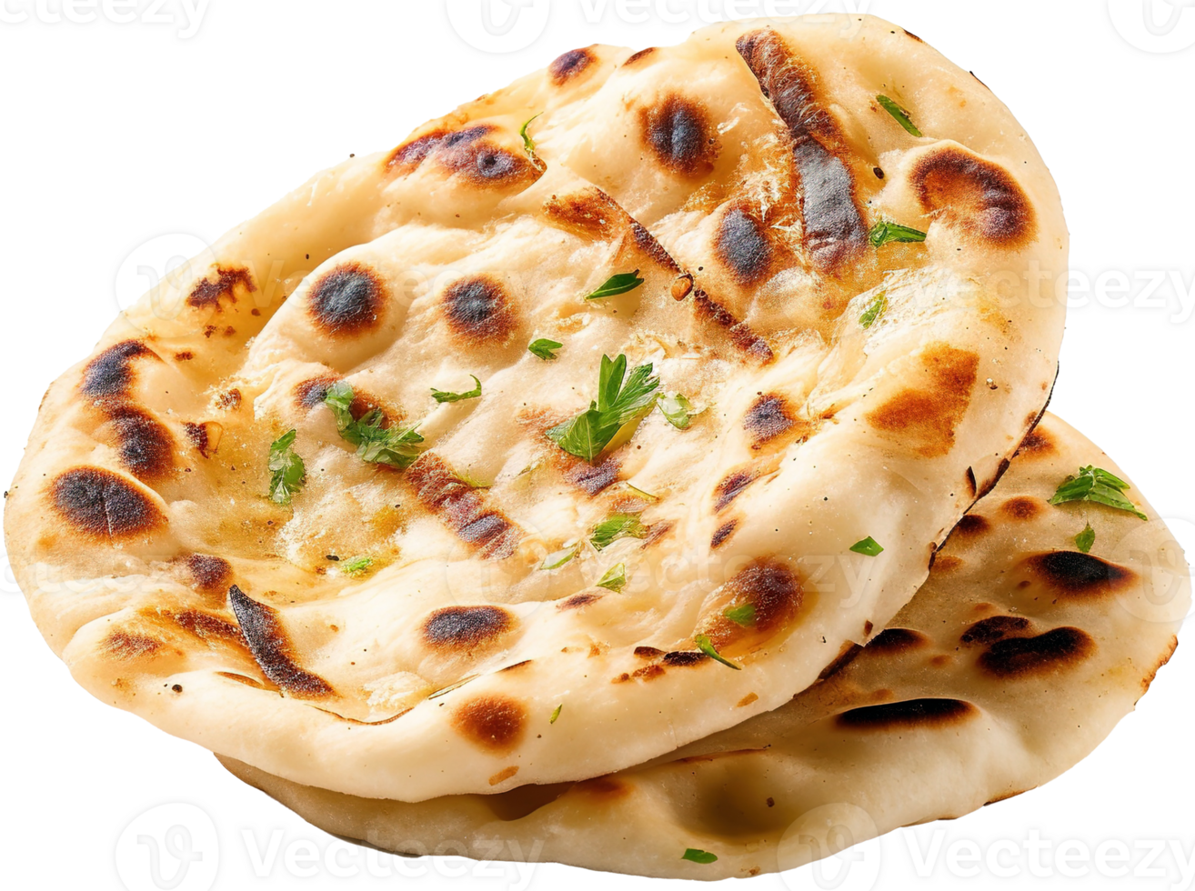 indisch Naan Brot mit Knoblauch und Butter, Pita-Brot Brot auf ein Weiß Hintergrund. png