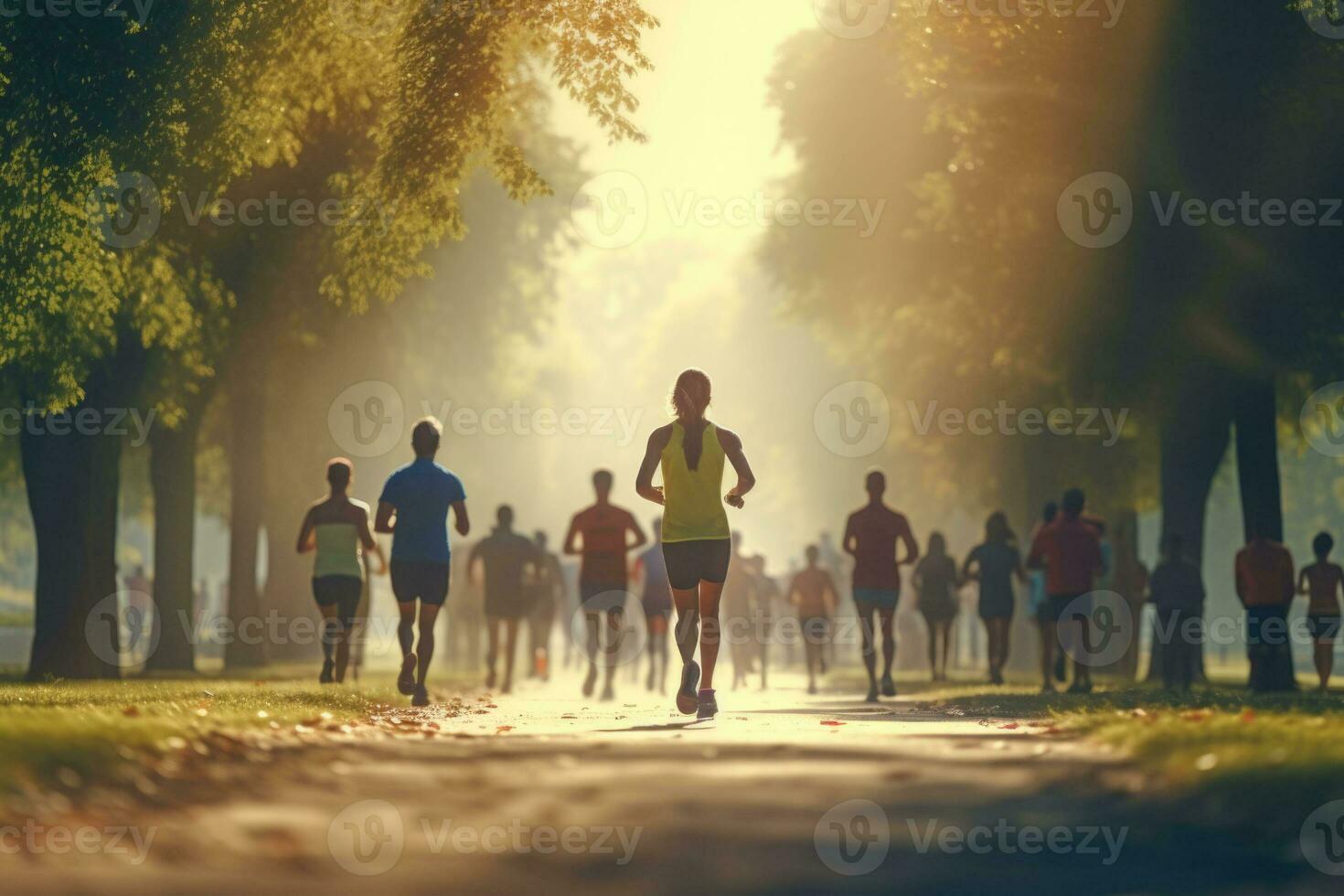 Back view of a group of people running in the park. AI generated photo