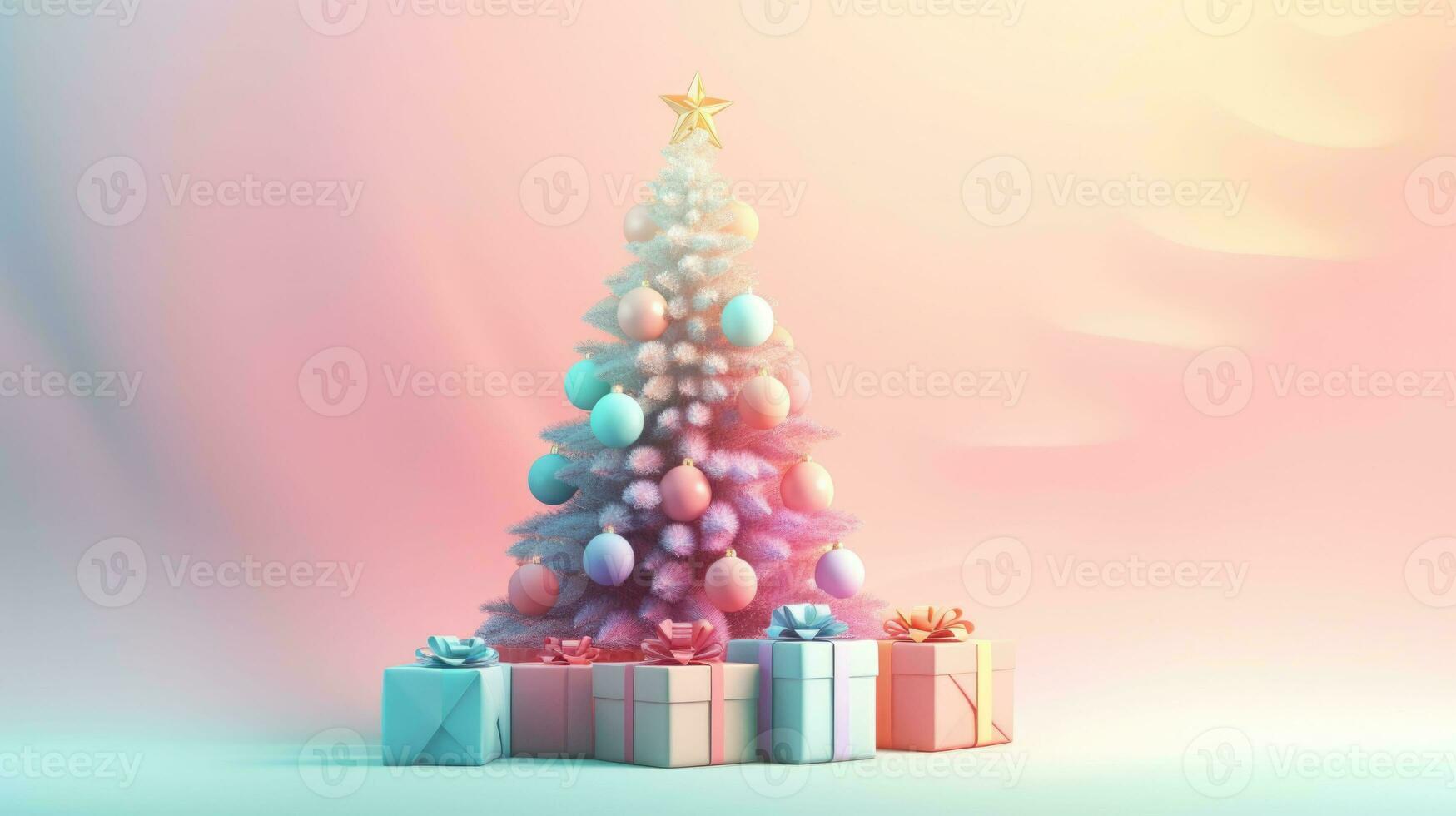 Small christmas tree in pastel colors with gift boxes and glass balls. AI generated photo