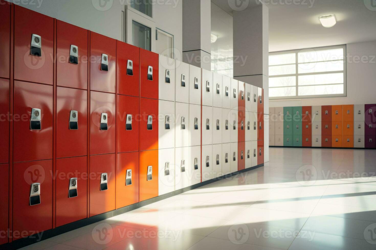 School hallway with modern lockers. Concept of studying and getting knowledge. Generative AI photo