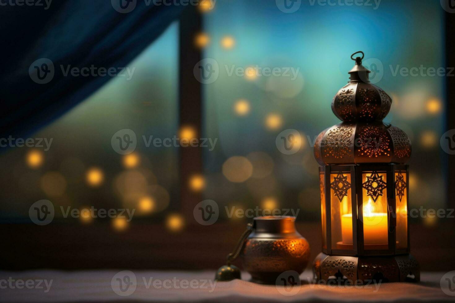 Atmosphere of Ramadan Kareem. Lamp on a blurred background adorned with curtain lights. AI generated photo