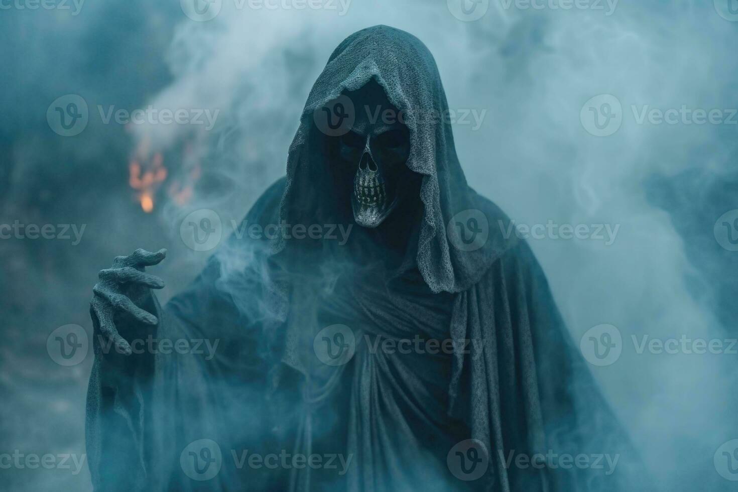 Grim reaper emerging from smoke. Horror and Halloween concept. Generative AI photo