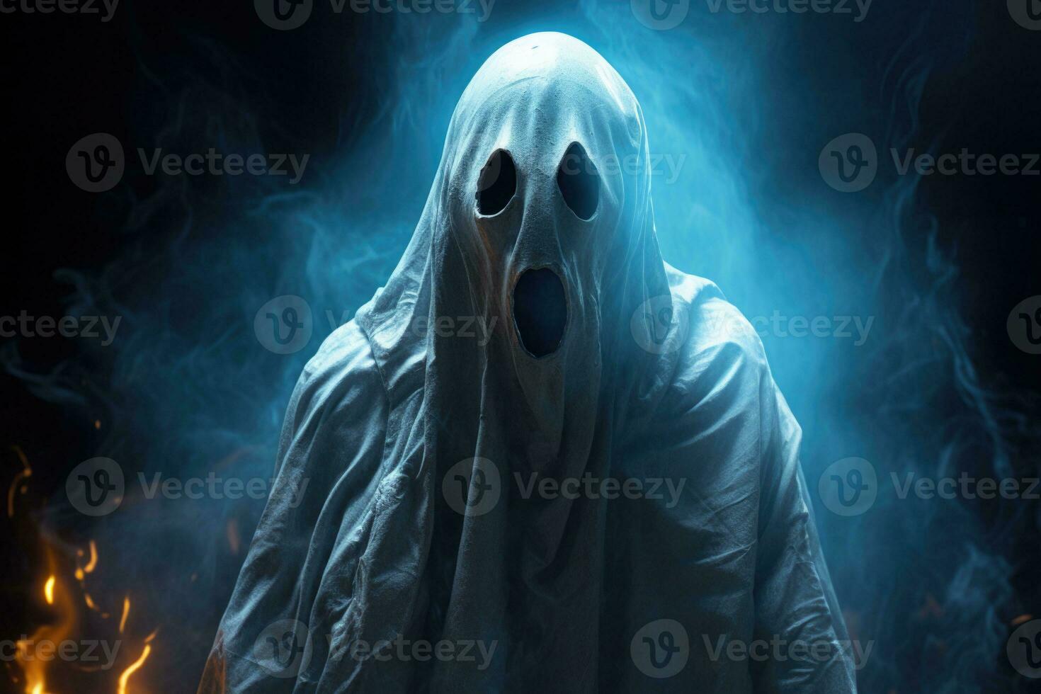 Realistic white scary ghost. AI generated photo