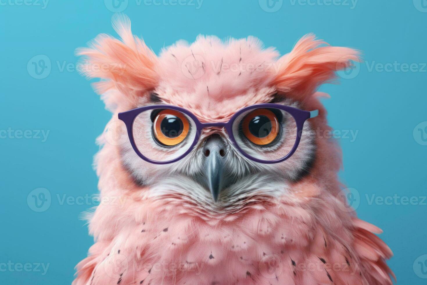 Portrait of intelligent owl wearing a pair of glasses and a tie. Bright colors. Generative AI photo