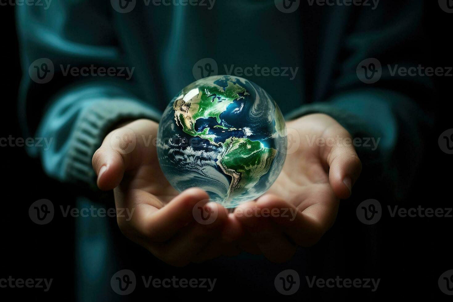Childs hands holding earth global over blurred background. Generative AI photo