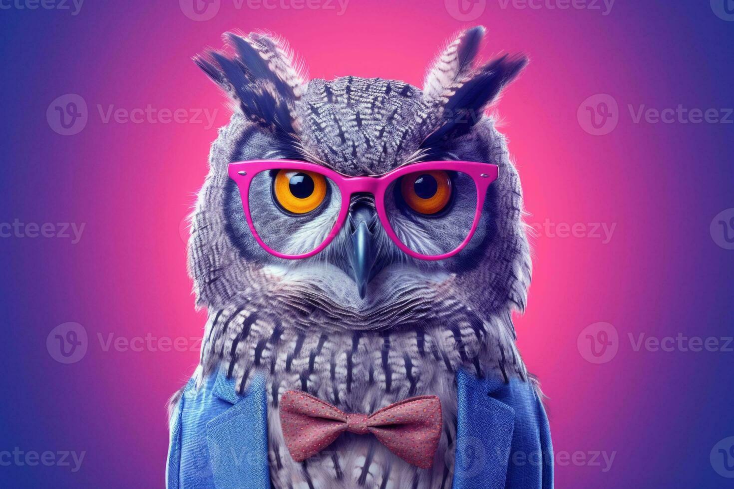 Portrait of intelligent owl wearing a pair of glasses and a tie. Bright colors. Generative AI photo