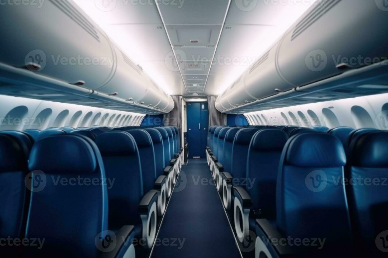 Interior of modern aircraft with flight seats and hallway in daytime during flight. Generative AI photo