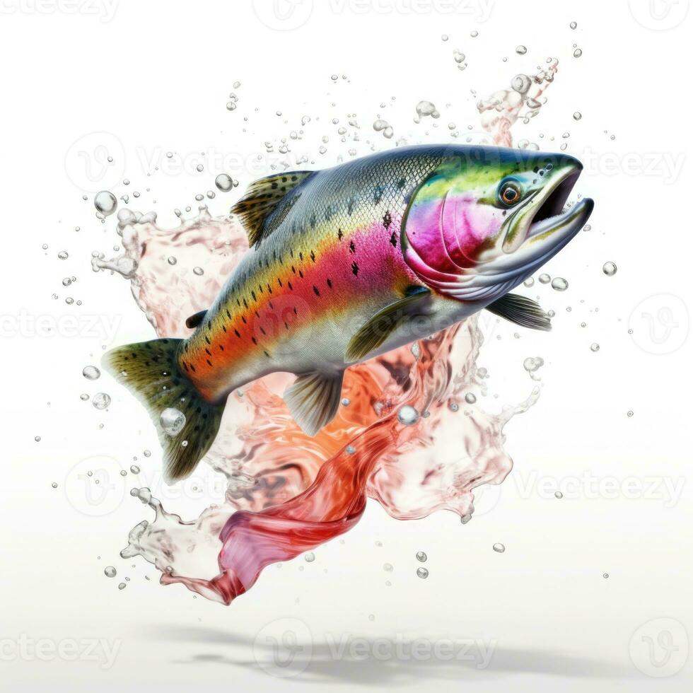 Rainbow trout jumping up and splashing on white background. Generative AI photo