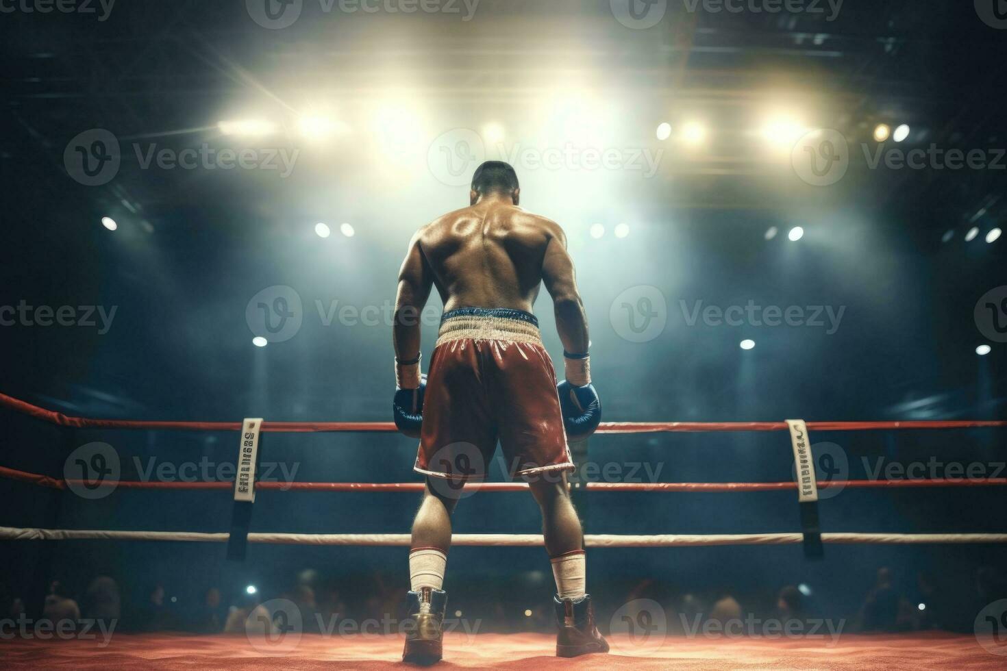 Back view of professional boxer. Ring match with spot lighting. Generative AI photo