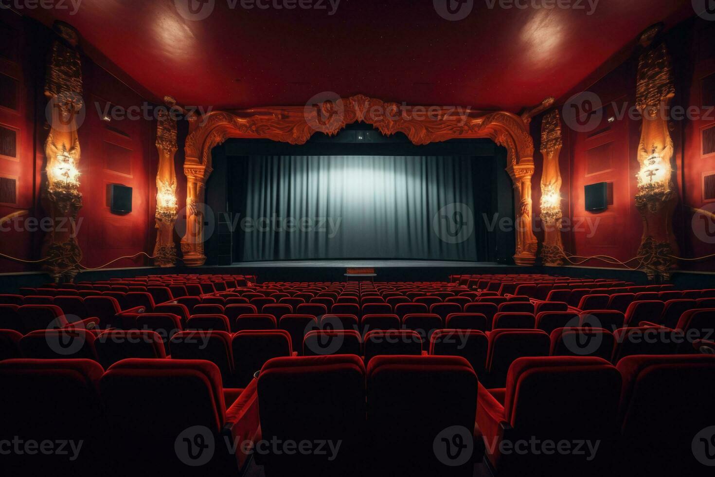 Empty modern movie theatre interior with screen and seats. Generative AI photo