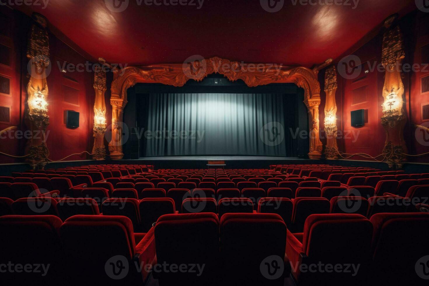 vacío moderno película teatro interior con pantalla y asientos. generativo ai foto