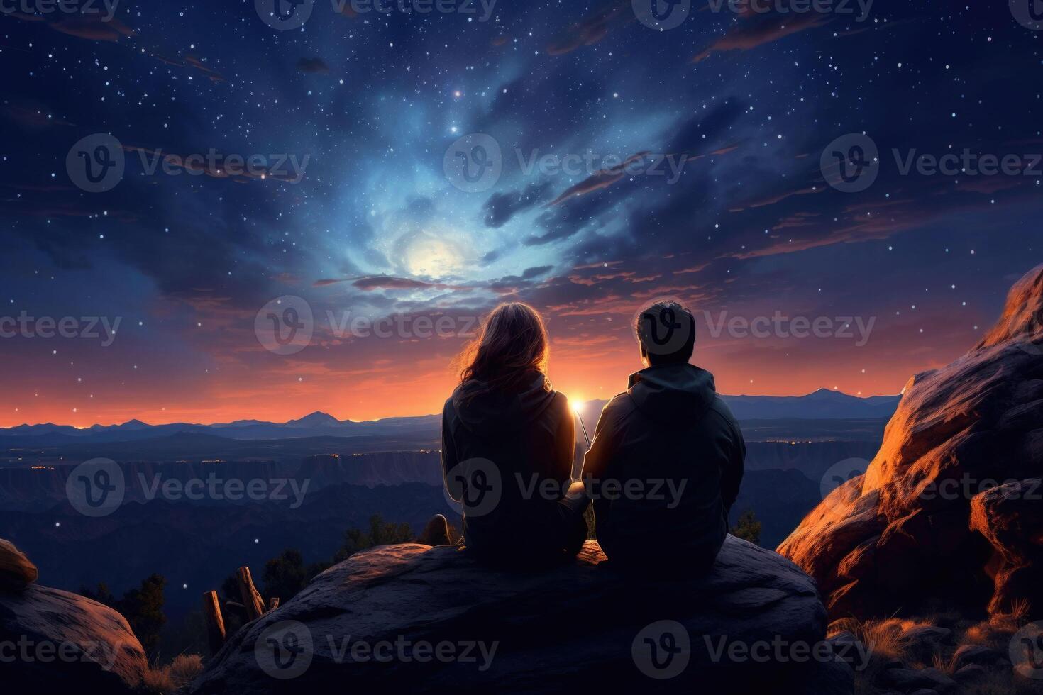 Couple sitting by the campfire in the desert under the big starry sky. photo