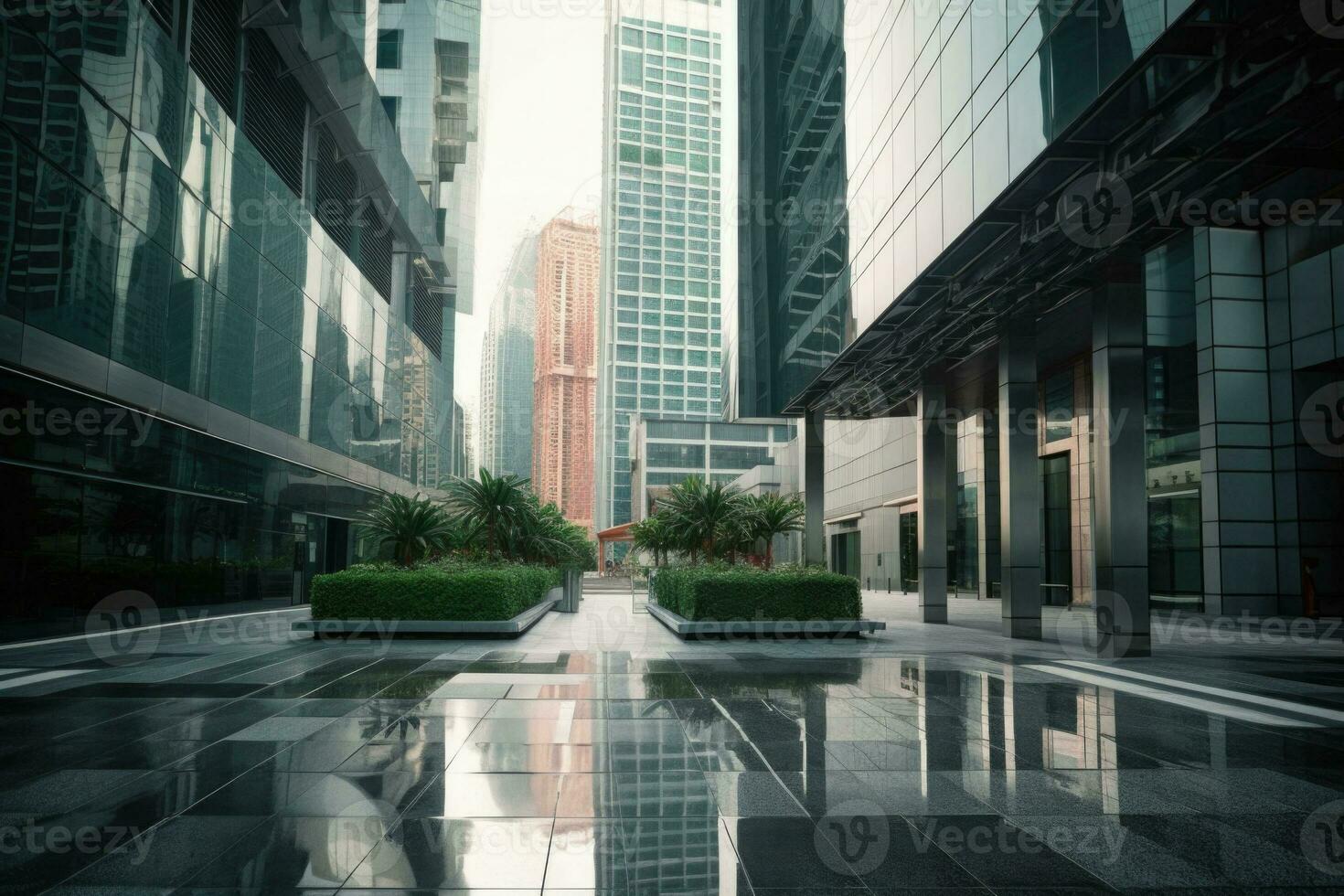 Outdoor construction in front of modern office buildings in central business district. Generative AI photo