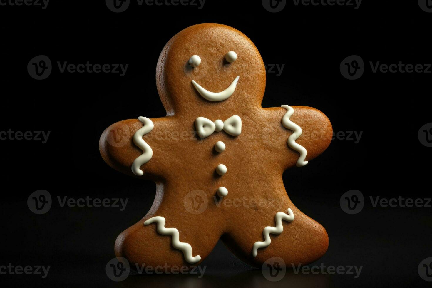 sonriente Galleta pan de jengibre hombre en negro antecedentes. ai generado foto