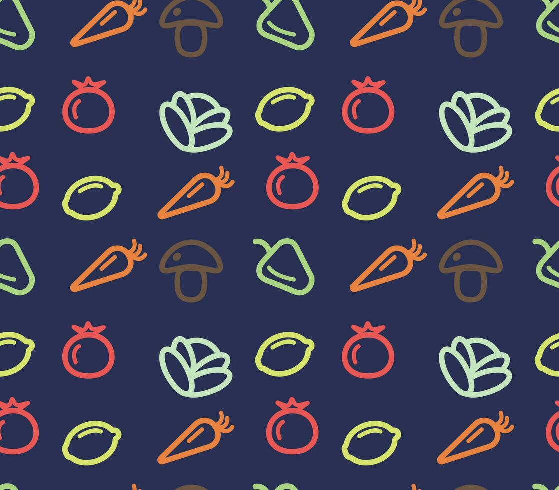 seamless pattern of linear food icons - mushroom, carrot, tomato, lemon, pepper, cabbage. For web design, postcards, wallpapers, textiles, backgrounds, wrappers, postcards, invitations. vector