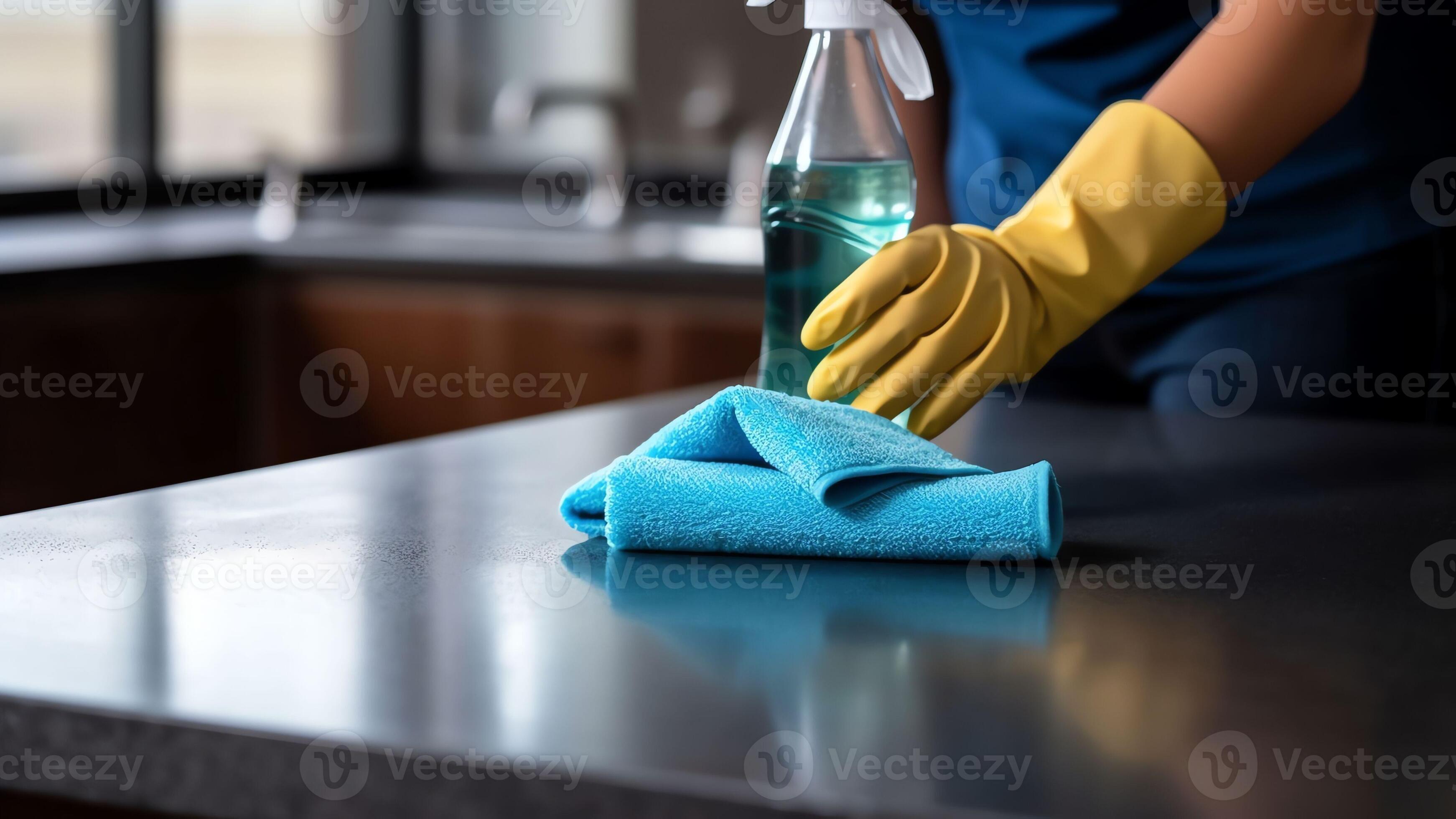 AI Generative Close up of female housekeeper specialist hold blue duster cleaning glass table