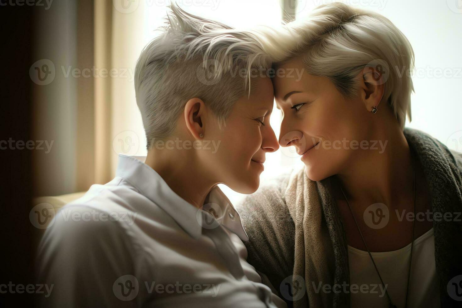 AI Generative Close up side view of elderly mother and grownup daughter sit at home talk picture