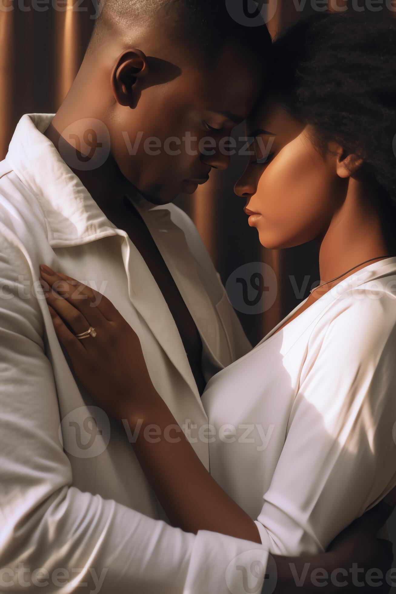 AI Generative Close up young black american wife embracing husband Portrait of woman with closed eyes man rear view Attractive affectionate couple in love romantic relationship support and gratefulnes 26917027 Stock Photo