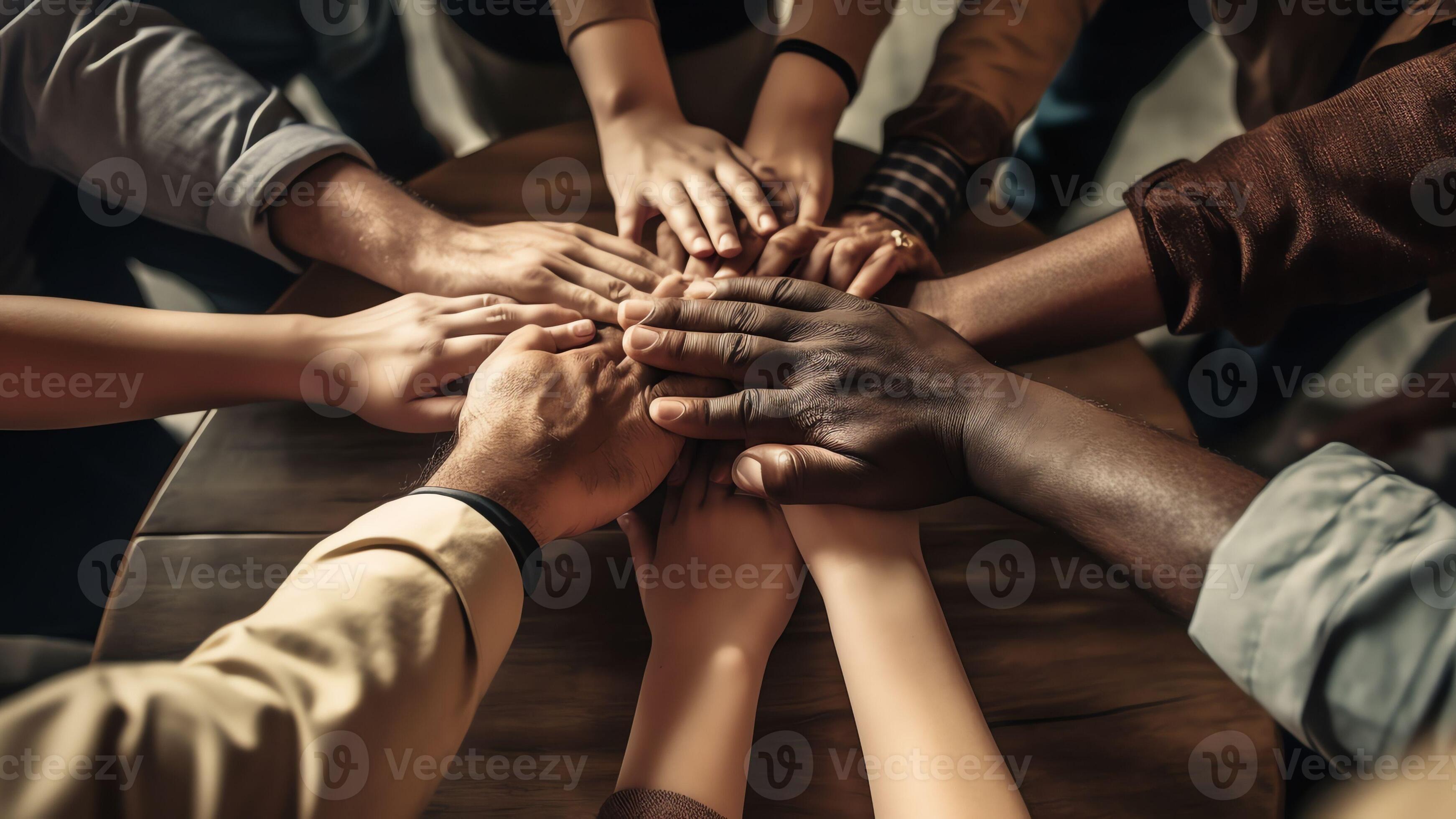 AI Generative Diverse people putting stacked hands together promising help and support starting