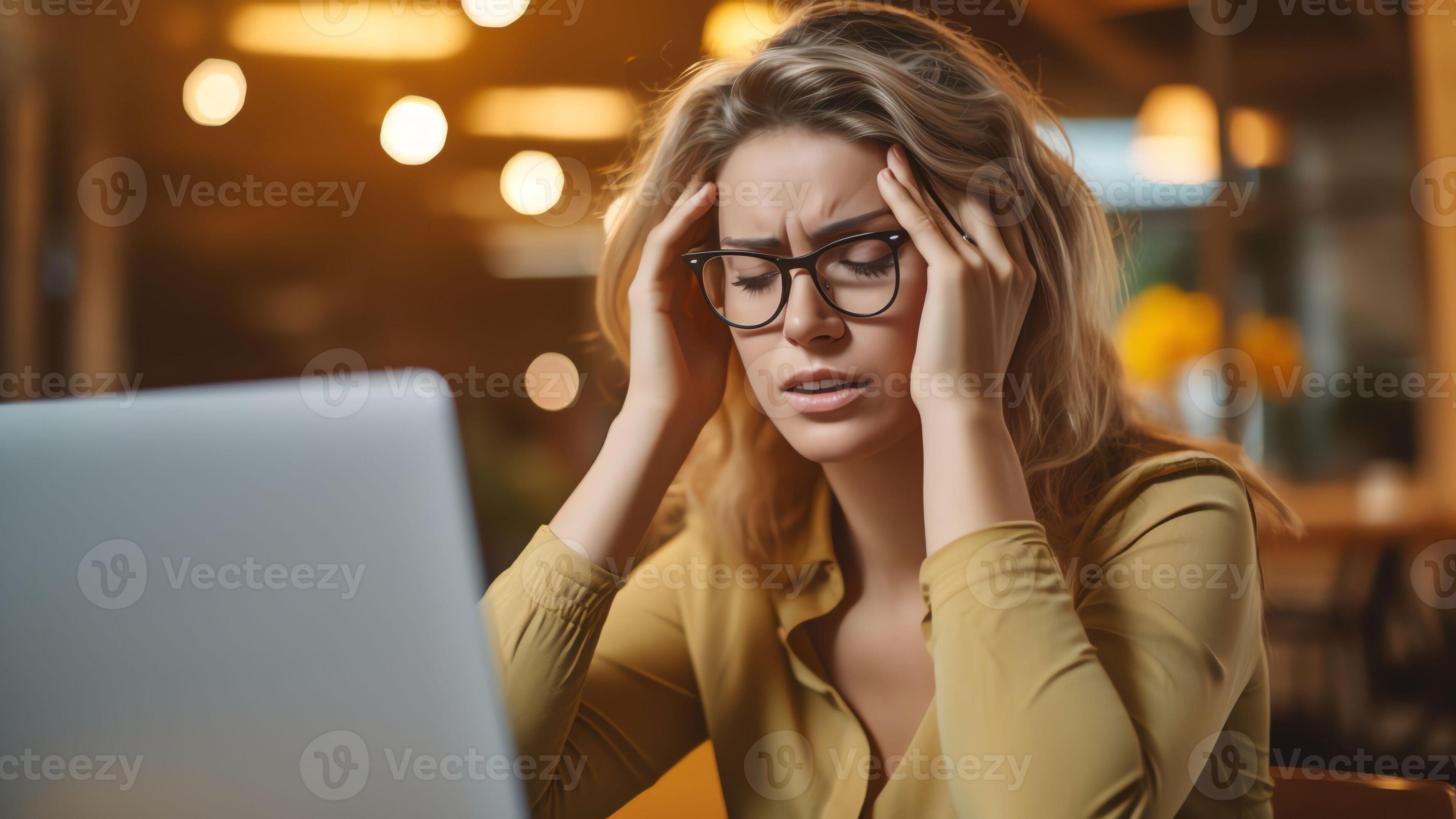 AI Generative Exhausted female worker sit at office desk take off glasses feel unwell having