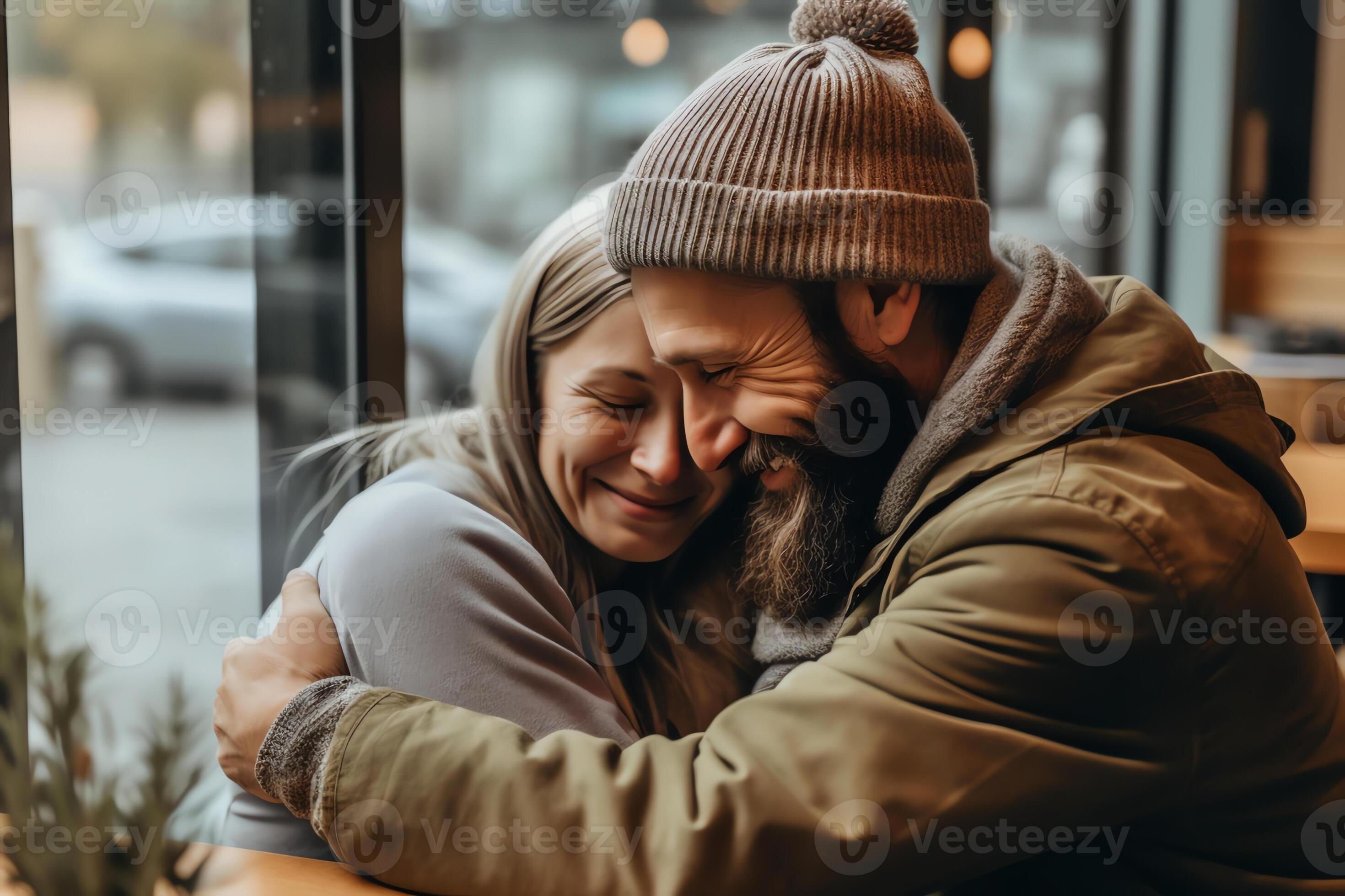AI Generative Friendly hug concept smiling millennial man and woman