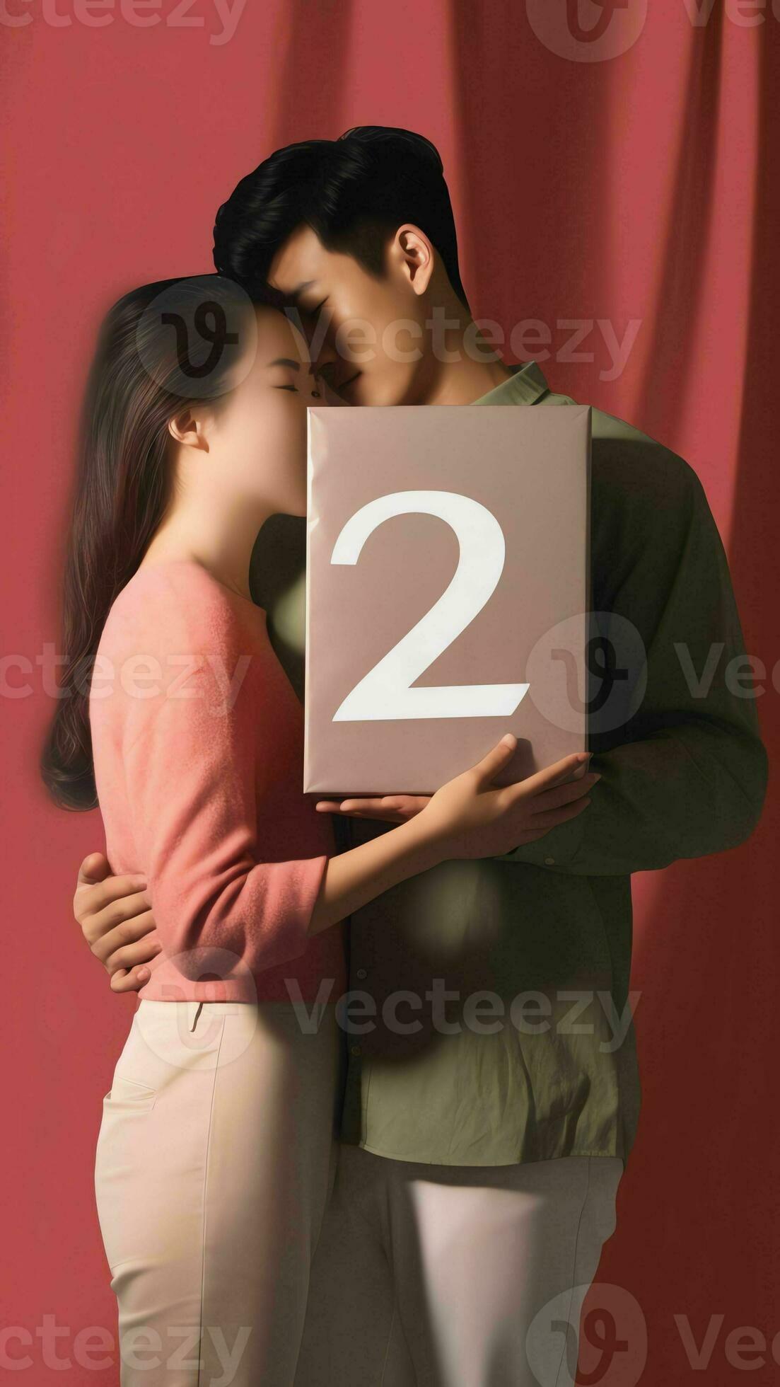 AI Generative Happy 30s Hispanic wife congratulates husband on birthday woman makes surprise gives to beloved man gift box with present family celebrating life events hugging expressing love Con 26921730 Stock Photo image