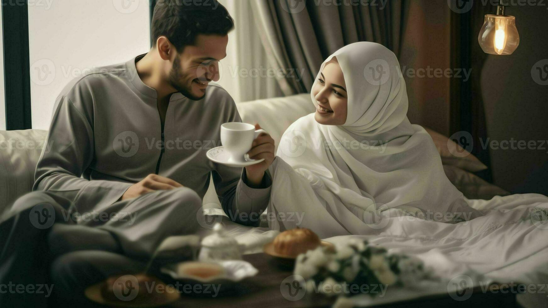 AI Generative Happy young married couple enjoying cozy romantic weekend time with cup of hot tea coffee chocolate Smiling pleasant family spouse relaxing on sofa hearttohear talk spending evenin 26924737 Stock Photo