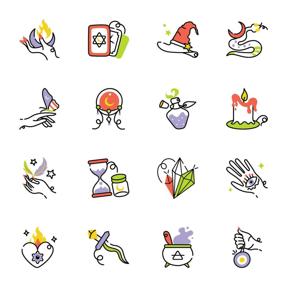 Set of Witch Accessories Sketchy Icons vector