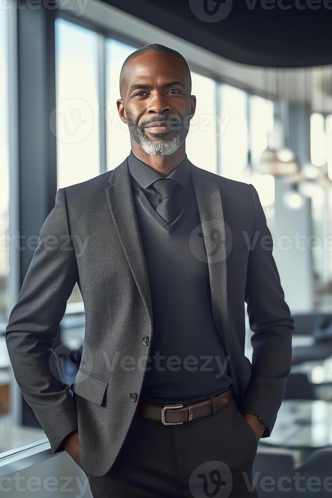 AI Generative I made this Portrait of ambitious confident black leader ceo standing with arms crossed on chest at office of successful profitable company looking at camera proud of his achievement car photo