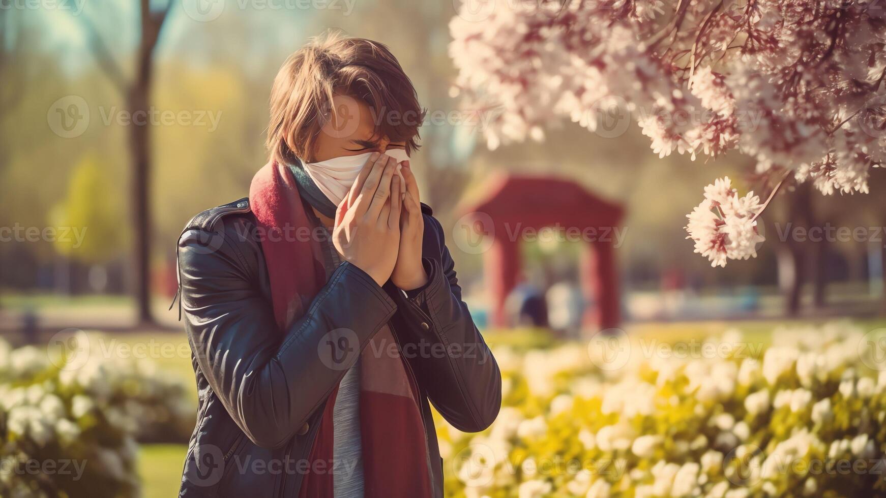 AI Generative Ill young man sneezing in handkerchief blowing wiping running nose sick allergic guy caught cold got flu influenza hay fever coughing having seasonal allergy symptoms respiratory c photo