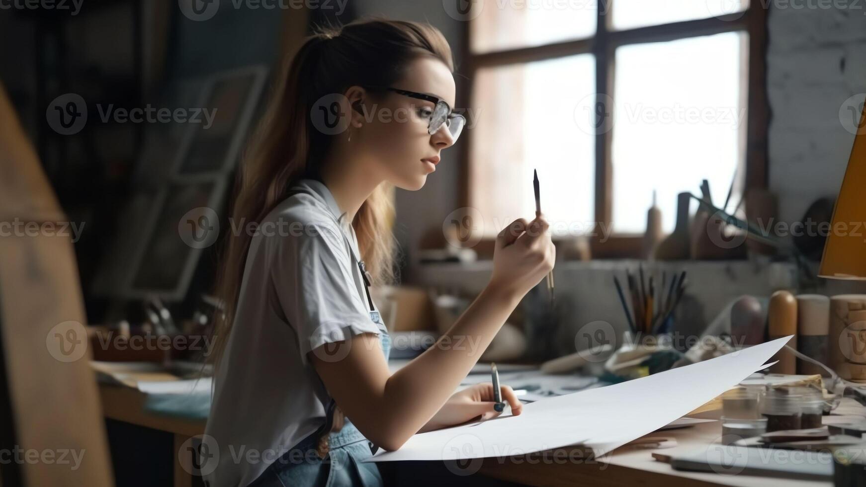 AI Generative Important message Focused attentive young woman florist designer sitting at work desk in office studio Small business owner involved in reading paper letter from bank of credit loa photo