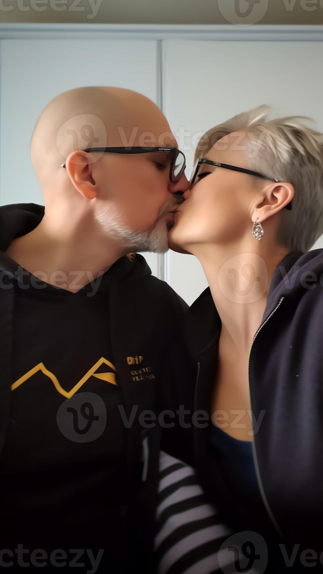 AI Generative Loving adult son kissing and hugging happy mature mother from back close up expressing gratitude middle aged woman wearing glasses and young man enjoying tender moment standing in living 26927086