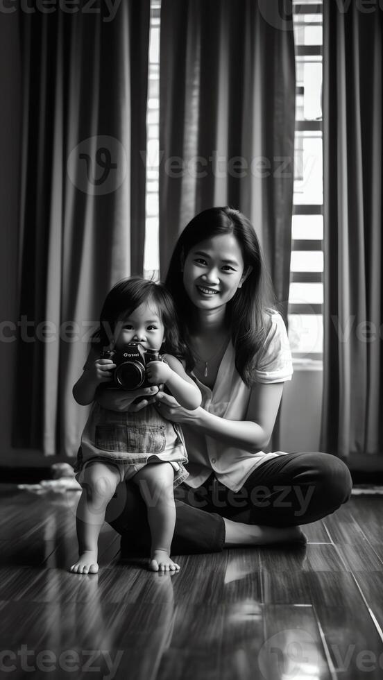 ai generativo mamá fotógrafo teniendo divertido jugando haciendo foto de artístico linda niño hija a hogar joven madre fotografiando pequeño niño niña o disparo vídeo en digital cámara gracioso familia