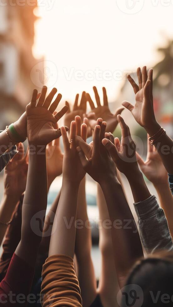 AI Generative Multiracial best friends group giving high five sitting at cafe table happy diverse african and caucasian young people join hands up together at meeting unity and support in friend photo