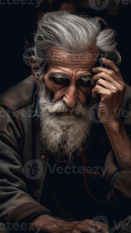 AI Generative Old man sit on sofa hold smartphone look at device screen feels confused shocked by received sms message Older generation and modern gadgets apps usage difficulties broken cell nee photo